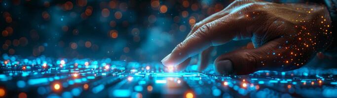 A hand is interacting with a digital screen by pressing a button photo
