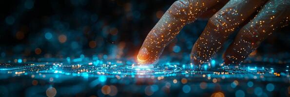 A close up of a persons finger interacting with a digital touch screen photo