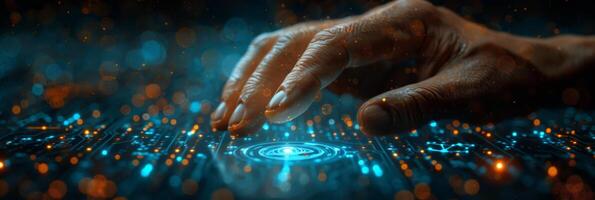Close up of a hand pressing a button on a futuristic screen photo