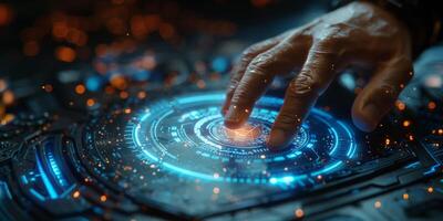 Close up person hand pressing button on futuristic screen photo