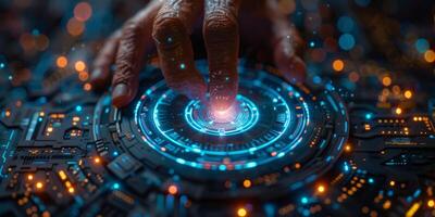 A person is interacting with a hightech screen using their finger photo