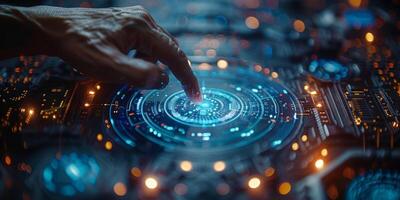 A person is interacting with a futuristic touch screen photo