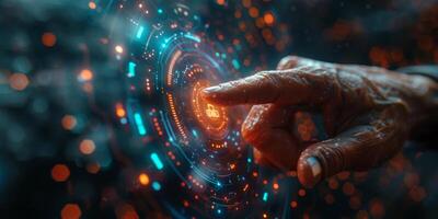 An elderly woman is using a gesture to interact with a futuristic screen photo