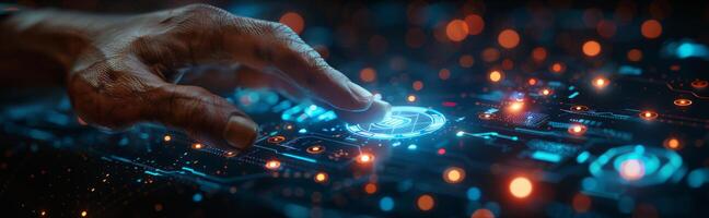 In the image, a hand is pressing a button on a modern screen photo