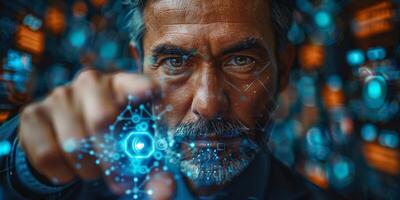 In the image, a bearded man is gesturing towards a hightech display photo