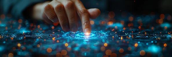 A person is interacting with a digital screen using their finger photo