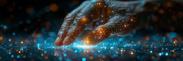The image shows a persons hands interacting with a digital screen in closeup photo