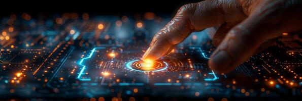 A hand is pressing a button on a futuristic screen with an electric blue color photo