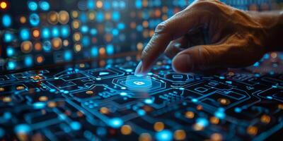 A human hand interacts with a futuristic digital interface in an envisioned setting photo