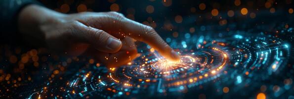 Person interact with futuristic screen using finger in immersive experience photo