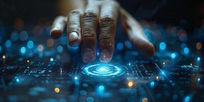Close up of a hand pressing a button on a futuristic screen photo
