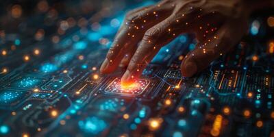 A person s hand pressing a button on a circuit board photo