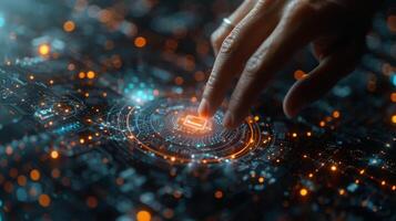 A person is interacting with a futuristic touch screen using their finger photo