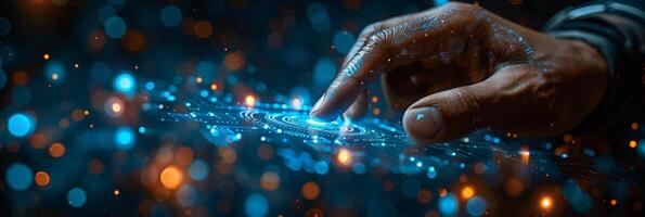 Persons hand touching digital screen with blue background and displayed digits photo