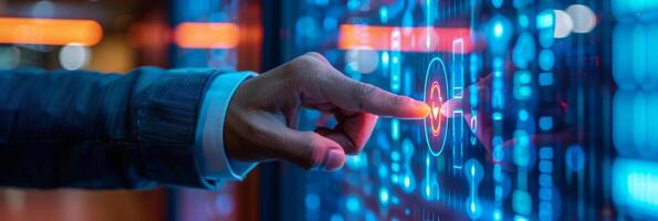 Person presses button on futuristic screen with hand in blue and magenta colors photo