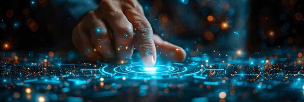A person is interacting with a futuristic touchscreen using their finger photo