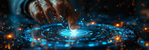A person touches a futuristic screen with their finger photo