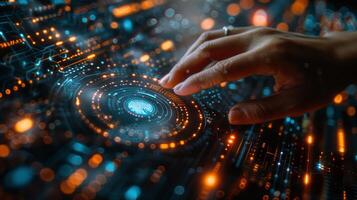 Persons hand touching futuristic screen with connected data photo
