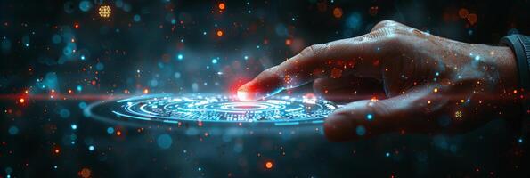 Hand pressing button on futuristic screen with blue glow photo