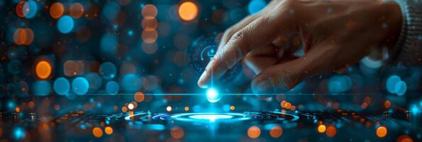 Hand pressing button on futuristic screen, creating electric blue glow photo