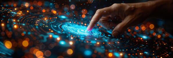 A hand is pressing a button on a technologically advanced display photo