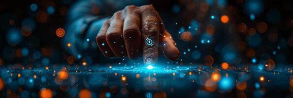 On a futuristic screen, a hand is seen pressing a button photo