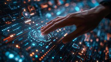 An individual is using their hand to press a button on a sophisticated display photo