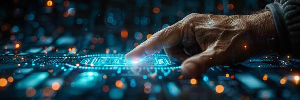 A hand presses a button on a futuristic screen with blue visuals photo
