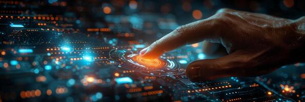 A hand is pushing a button on a modern screen with a futuristic design photo