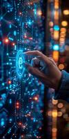 Person pressing button on futuristic screen with electric blue theme photo