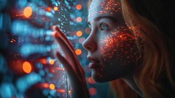 A woman gazes out a window, her face illuminated by artificial light photo