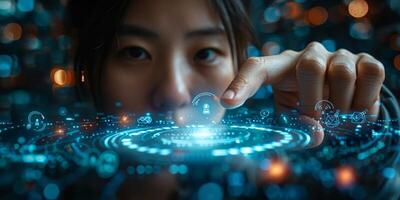 A woman is interacting with a hightech screen by pressing a button photo