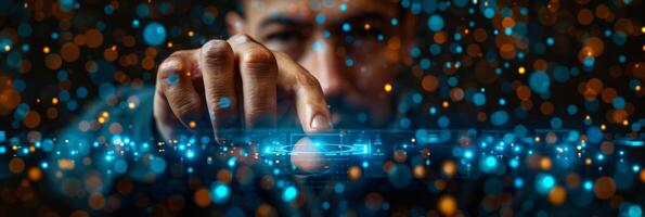 A man is interacting with a hightech screen using his finger photo