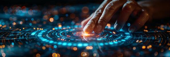 A person is interacting with a hightech screen using their finger photo