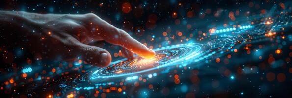 A hand presses a button on a futuristic screen with a space theme photo