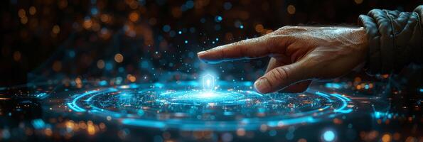 A hand is pressing a button on a futuristic screen with an electric blue glow photo