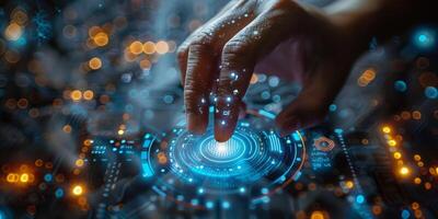 A person is interacting with a futuristic screen using their finger photo