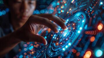 Futuristic Interface with Digital Touchscreen and Holographic Display for advanced tech concept photo
