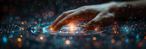 A hand is activating a button on an advanced digital display photo