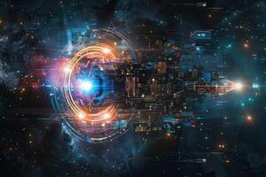 A digital representation of an urban setting in outer space photo