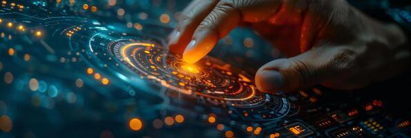 Close up of hand pressing button on futuristic screen photo