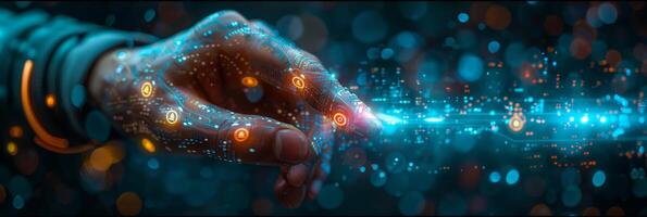 A hand extends toward a futuristic screen displaying various icons photo