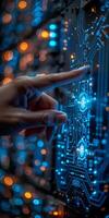 Person pointing at circuit board with keywords water, light, human, electricity photo