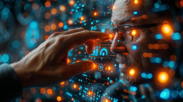 A man with glasses gazes at a futuristic display screen photo