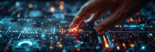 A person is interacting with a futuristic touch screen photo