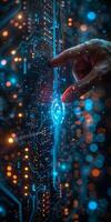 In the image, someone is directing their finger towards a modern circuit board photo