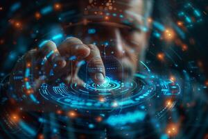 In the image, a male interacts with a hightech display photo