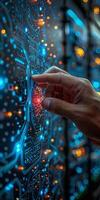 A person makes a gesture by touching a circuit board with their finger photo