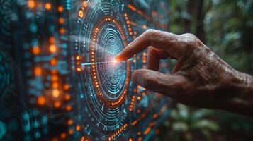A hand is pressing a button on a modern touchscreen photo