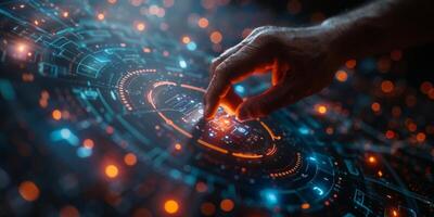 A person is interacting with a sophisticated screen using their fingertip photo